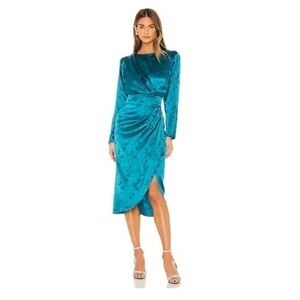 Ronny Kobo Blue Jade Palm Jaquard Silk Midi Dress